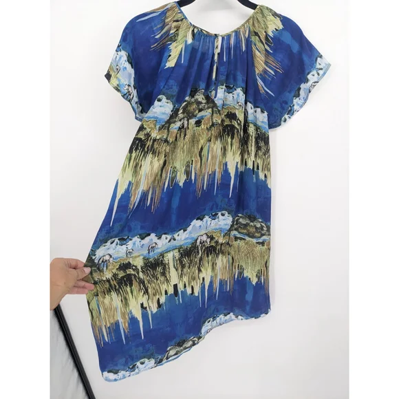 & Other Stories Dress Womens 4 Blue Horses Landscape Printed Boho Art Western - Picture 3 of 12